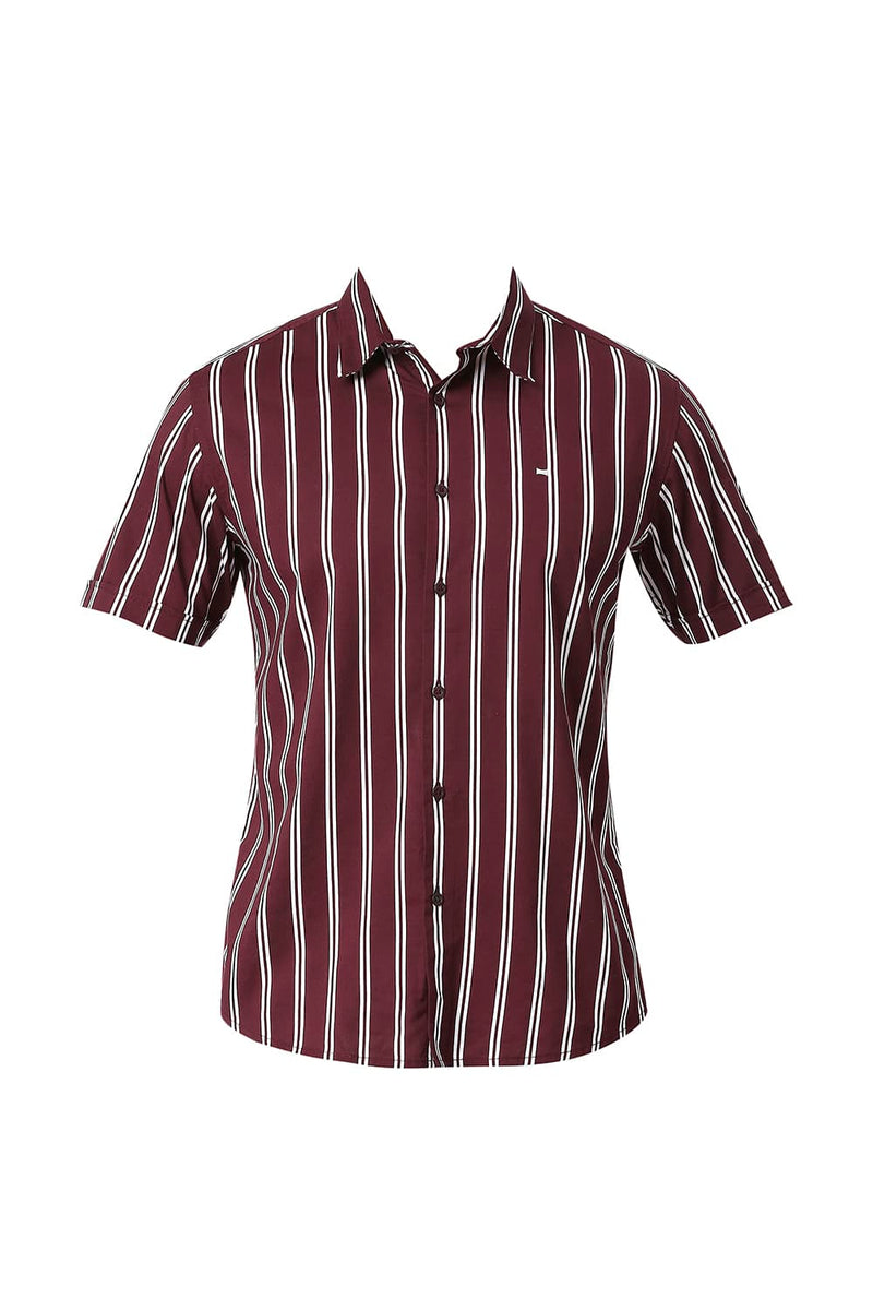 BASICS SLIM FIT COTTON VISCOSE PRINTED STRIPE HALFSLEEVES SHIRT