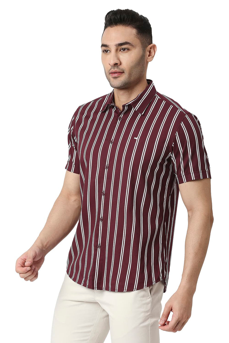 BASICS SLIM FIT TAWNY WINE COTTON VISCOSE PRINTED STRIPE SHIRT