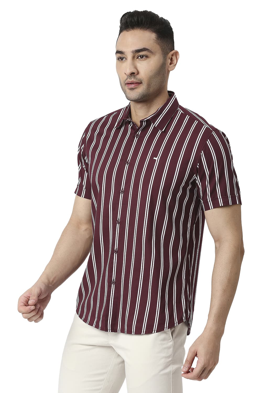 BASICS SLIM FIT COTTON VISCOSE PRINTED STRIPE HALFSLEEVES SHIRT