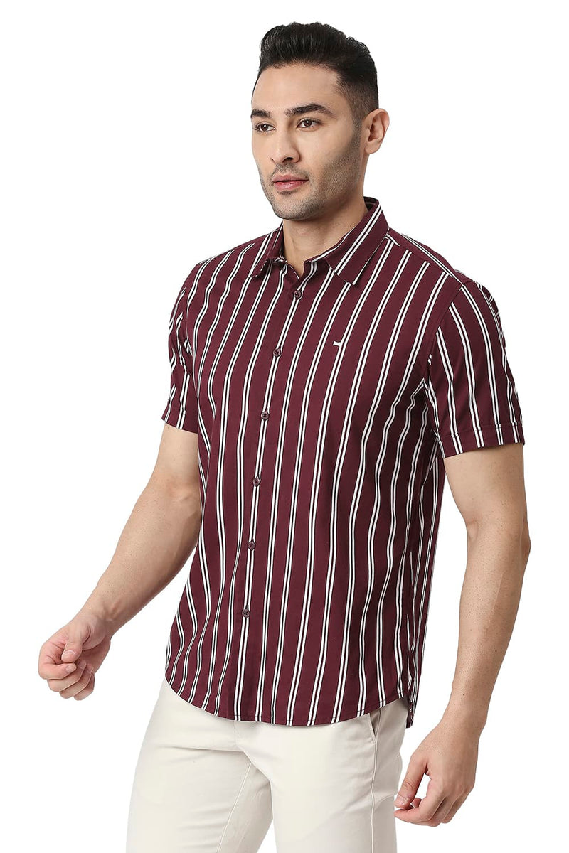 BASICS SLIM FIT COTTON VISCOSE PRINTED STRIPE HALFSLEEVES SHIRT