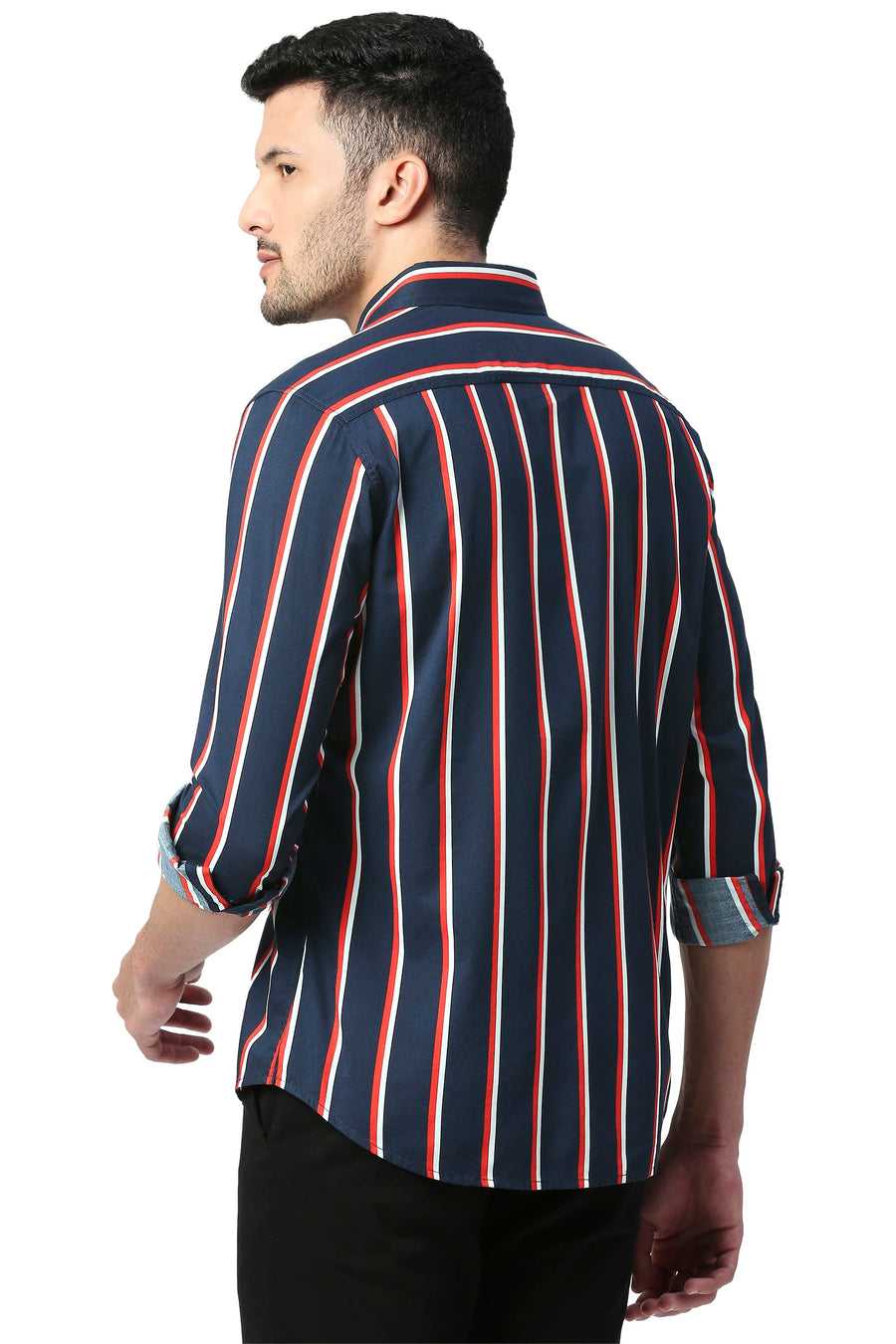 BASICS SLIM FIT DEEP NAVY COTTON VISCOSE PRINTED STRIPE SHIRT