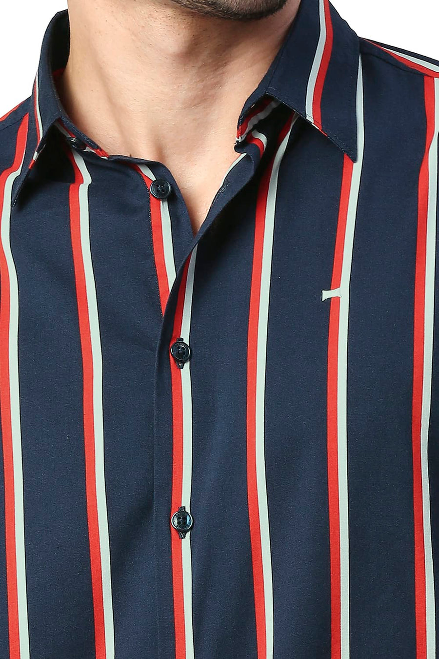BASICS SLIM FIT DEEP NAVY COTTON VISCOSE PRINTED STRIPE SHIRT