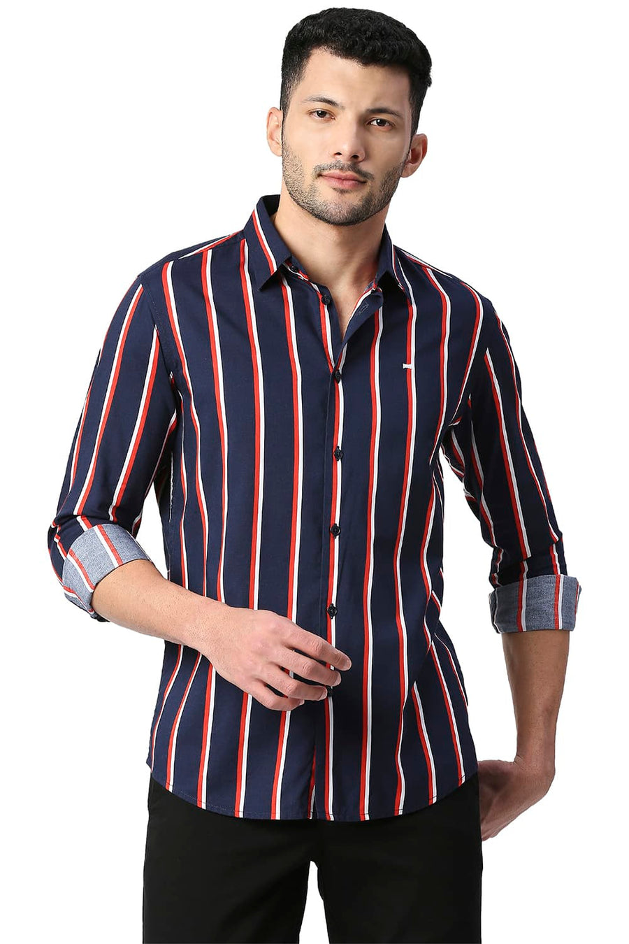 BASICS SLIM FIT DEEP NAVY COTTON VISCOSE PRINTED STRIPE SHIRT
