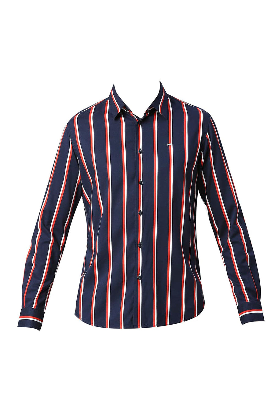 BASICS SLIM FIT DEEP NAVY COTTON VISCOSE PRINTED STRIPE SHIRT