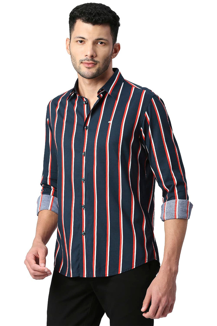 BASICS SLIM FIT DEEP NAVY COTTON VISCOSE PRINTED STRIPE SHIRT