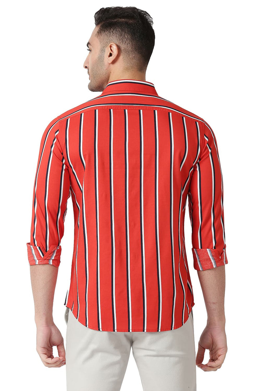 BASICS SLIM FIT ADRENALINE RED COTTON VISCOSE PRINTED STRIPE SHIRT