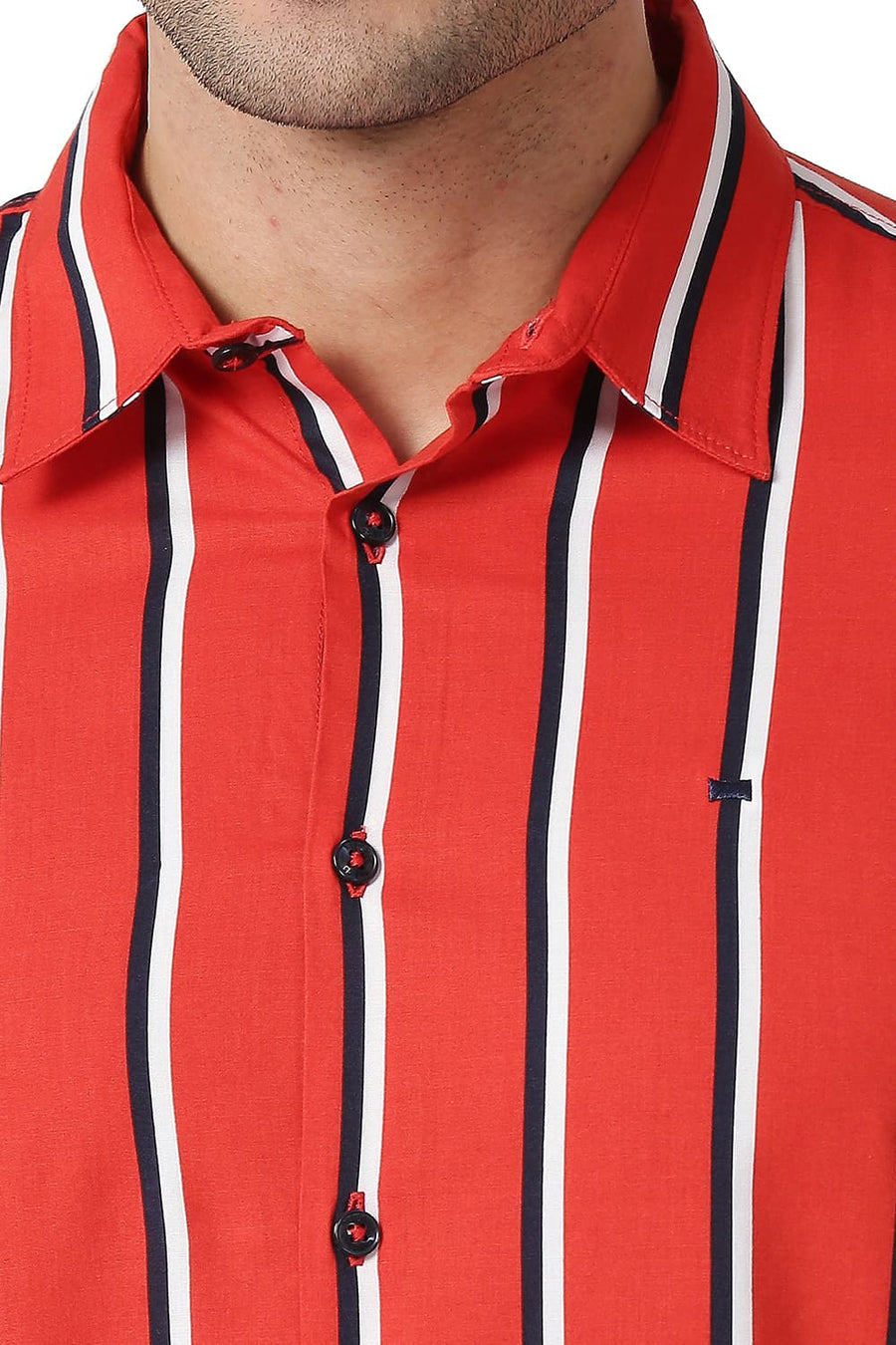 BASICS SLIM FIT ADRENALINE RED COTTON VISCOSE PRINTED STRIPE SHIRT