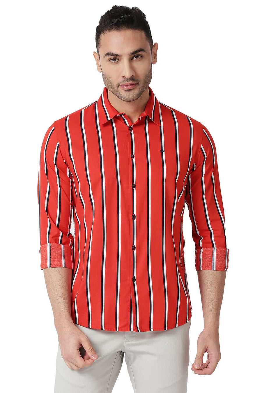 BASICS SLIM FIT ADRENALINE RED COTTON VISCOSE PRINTED STRIPE SHIRT
