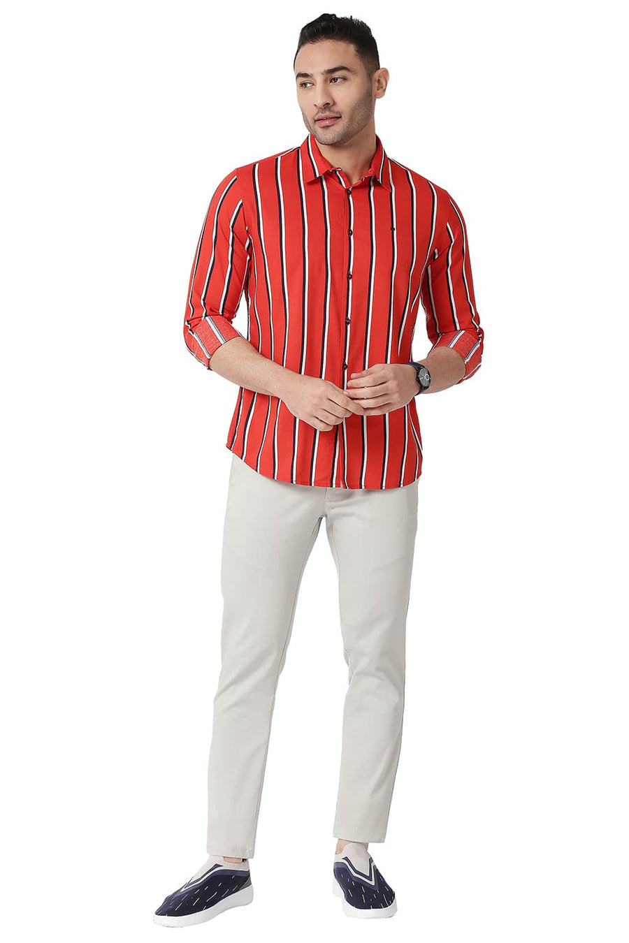 BASICS SLIM FIT ADRENALINE RED COTTON VISCOSE PRINTED STRIPE SHIRT