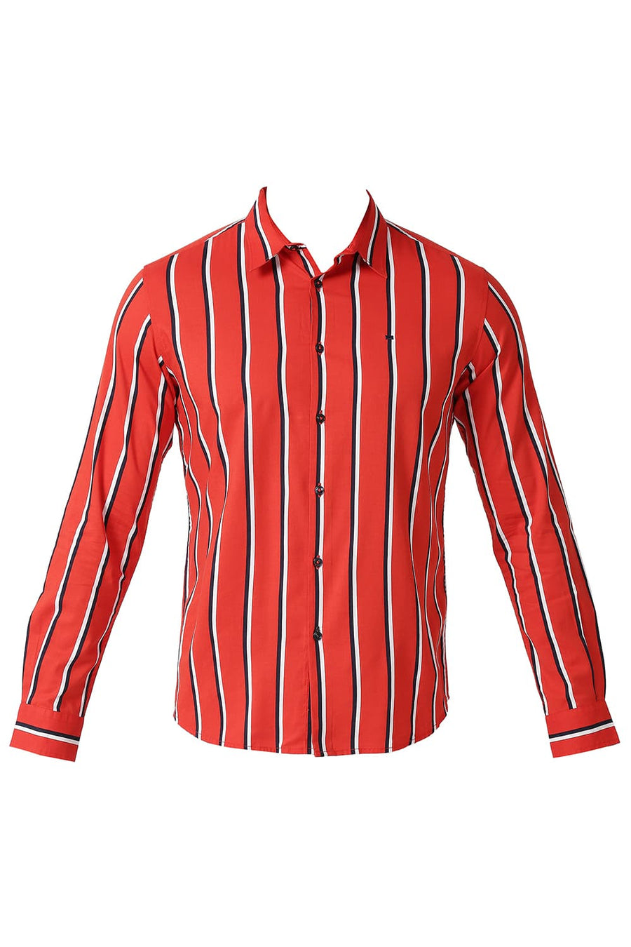 BASICS SLIM FIT ADRENALINE RED COTTON VISCOSE PRINTED STRIPE SHIRT