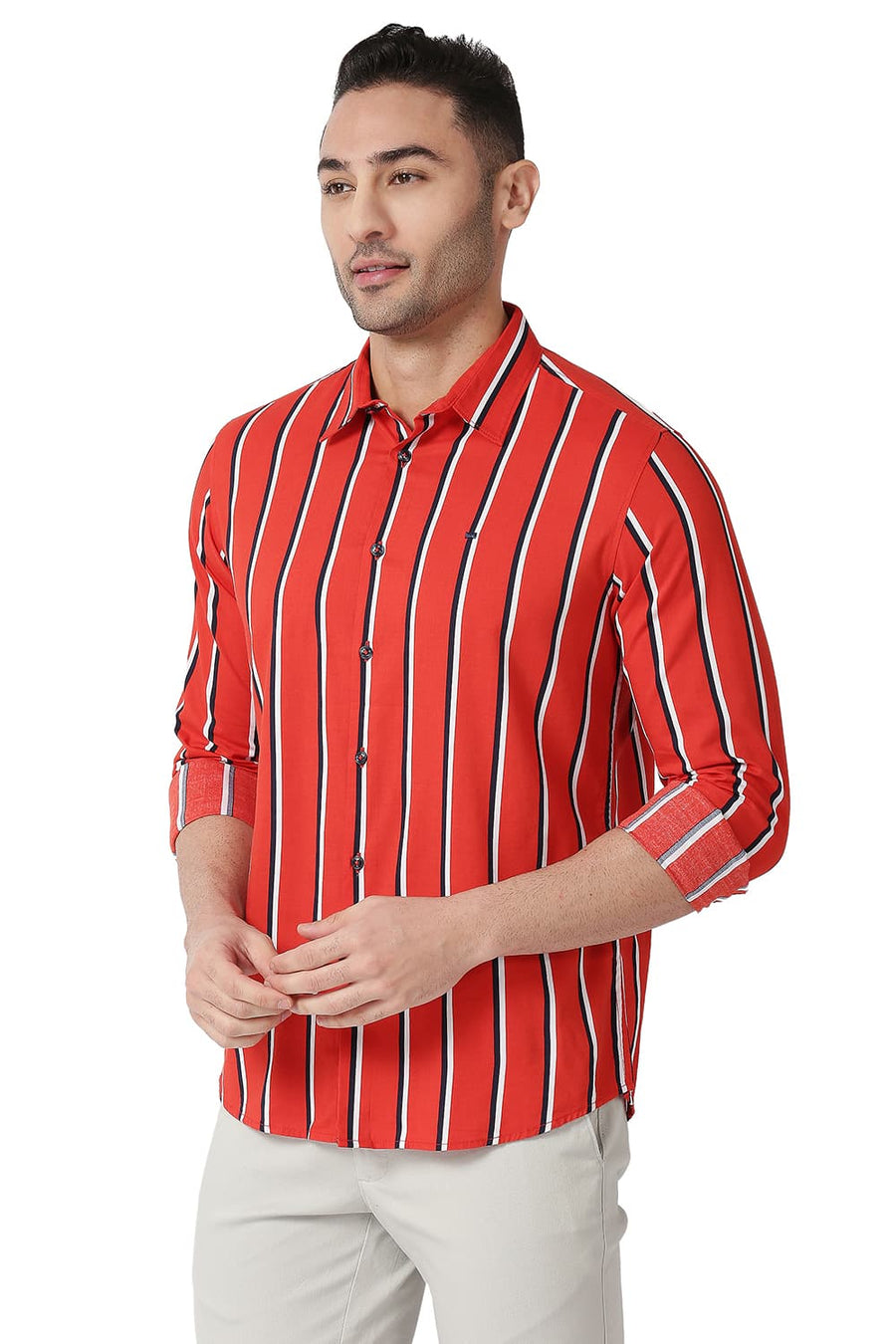 BASICS SLIM FIT ADRENALINE RED COTTON VISCOSE PRINTED STRIPE SHIRT