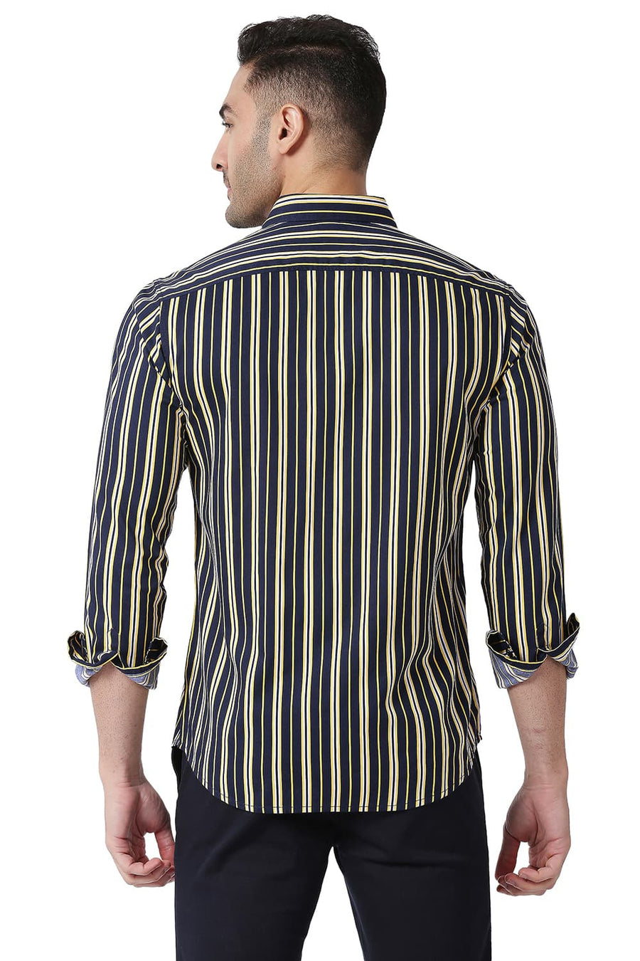 BASICS SLIM FIT SUNSTRUCK YELLOW COTTON VISCOSE PRINTED STRIPE SHIRT