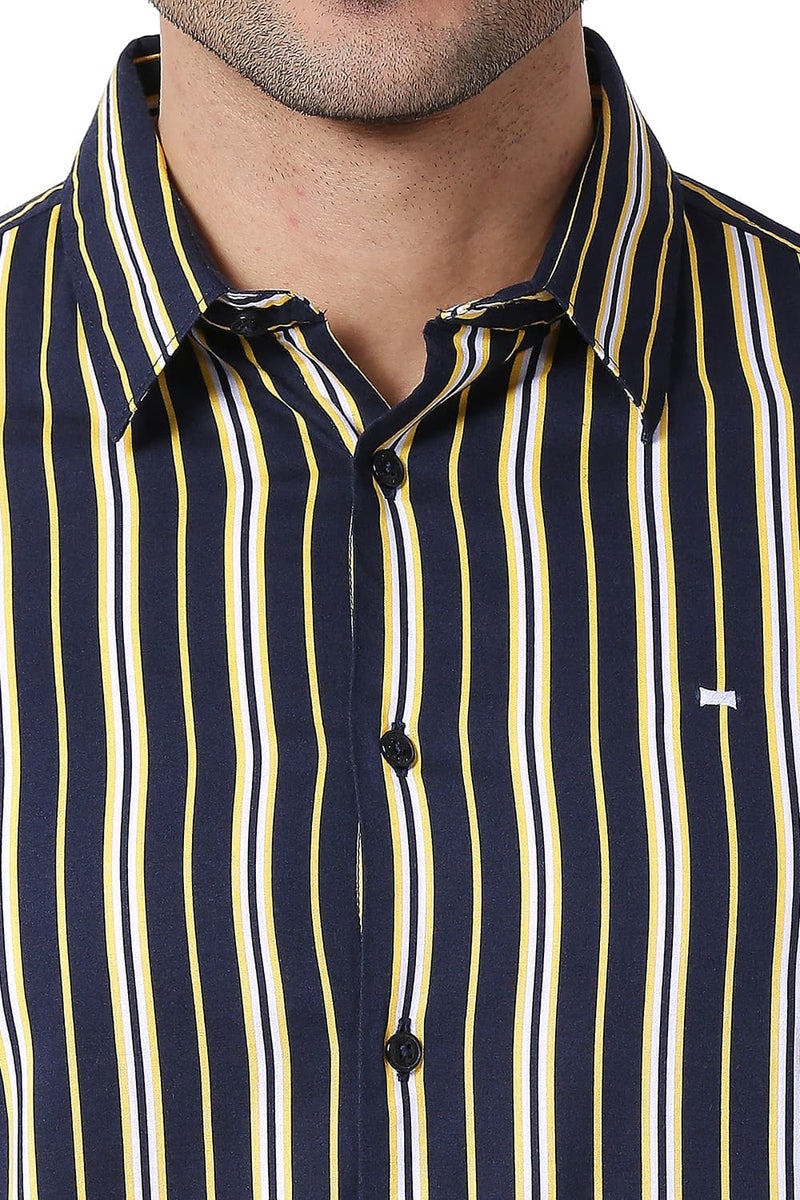 BASICS SLIM FIT COTTON VISCOSE PRINTED STRIPE SHIRT