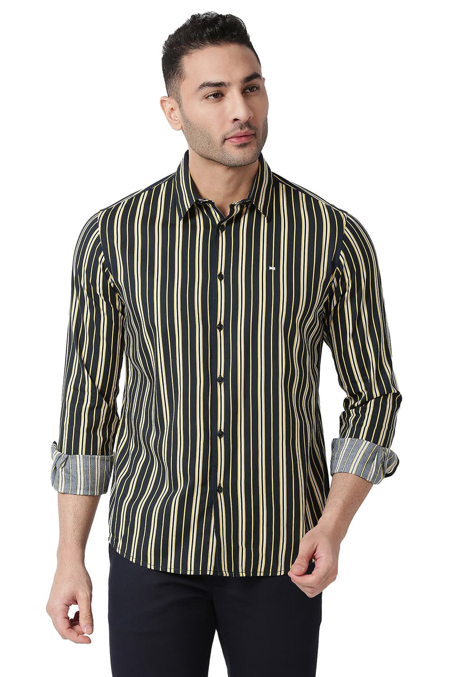 BASICS SLIM FIT SUNSTRUCK YELLOW COTTON VISCOSE PRINTED STRIPE SHIRT