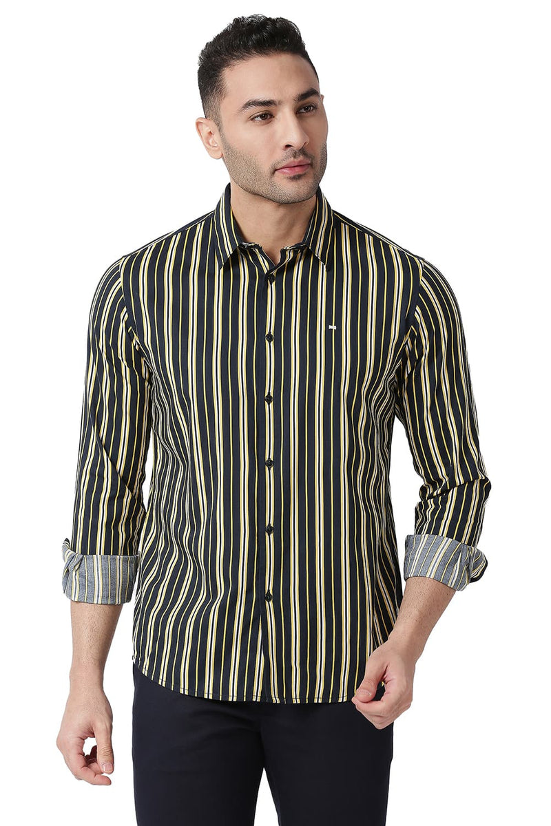 BASICS SLIM FIT COTTON VISCOSE PRINTED STRIPE SHIRT