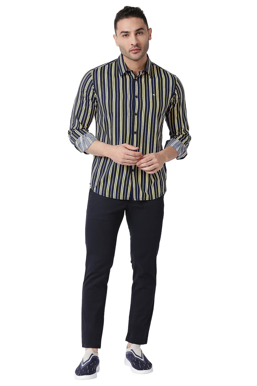 BASICS SLIM FIT SUNSTRUCK YELLOW COTTON VISCOSE PRINTED STRIPE SHIRT