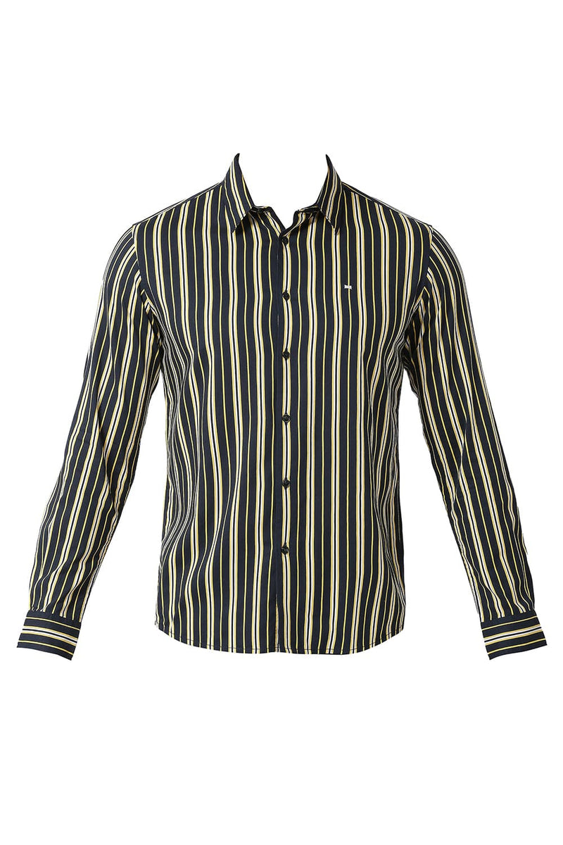 BASICS SLIM FIT COTTON VISCOSE PRINTED STRIPE SHIRT