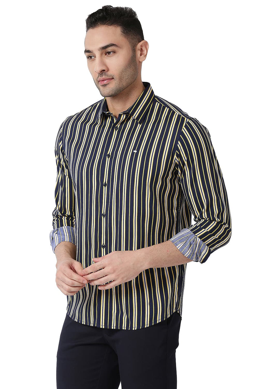 BASICS SLIM FIT SUNSTRUCK YELLOW COTTON VISCOSE PRINTED STRIPE SHIRT
