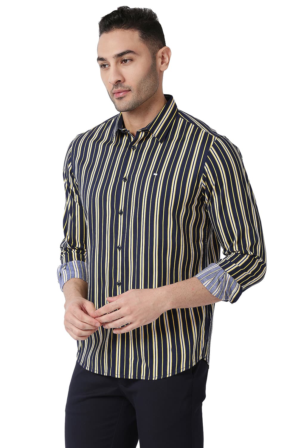 BASICS SLIM FIT COTTON VISCOSE PRINTED STRIPE SHIRT