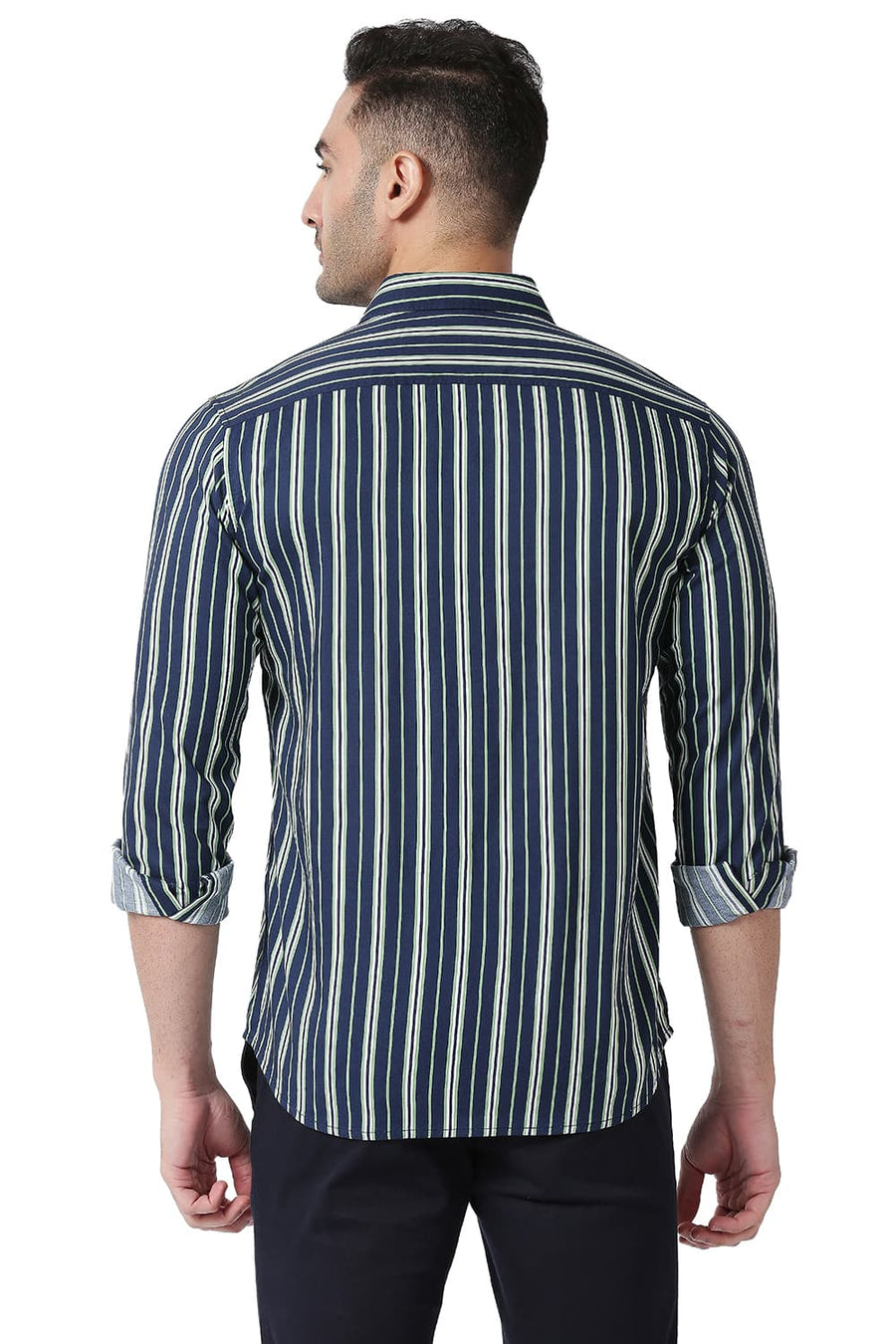 BASICS SLIM FIT FAIR GREEN COTTON VISCOSE PRINTED STRIPE SHIRT