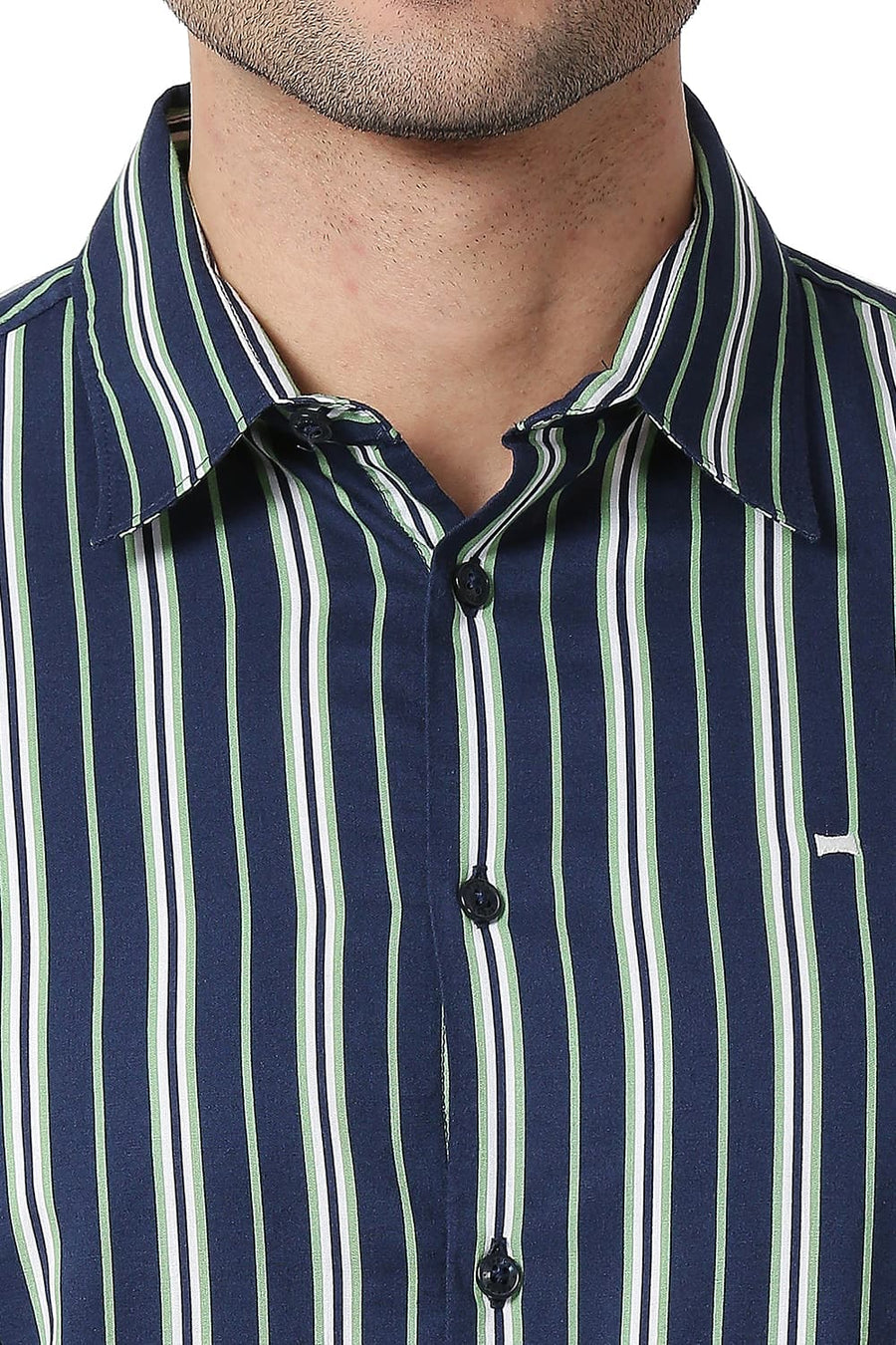BASICS SLIM FIT FAIR GREEN COTTON VISCOSE PRINTED STRIPE SHIRT