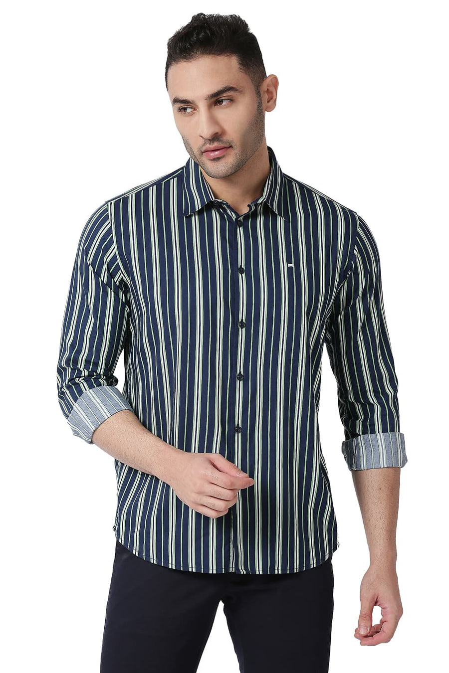 BASICS SLIM FIT FAIR GREEN COTTON VISCOSE PRINTED STRIPE SHIRT