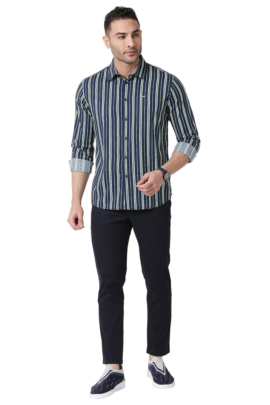 BASICS SLIM FIT FAIR GREEN COTTON VISCOSE PRINTED STRIPE SHIRT