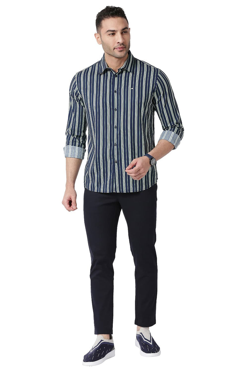 BASICS SLIM FIT COTTON VISCOSE PRINTED STRIPE SHIRT