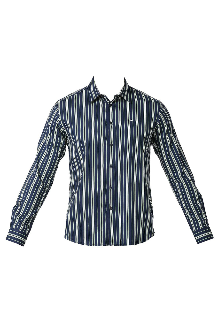 BASICS SLIM FIT FAIR GREEN COTTON VISCOSE PRINTED STRIPE SHIRT