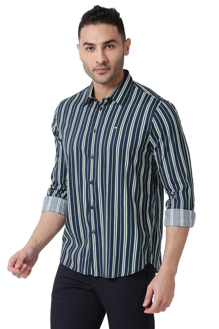 BASICS SLIM FIT FAIR GREEN COTTON VISCOSE PRINTED STRIPE SHIRT