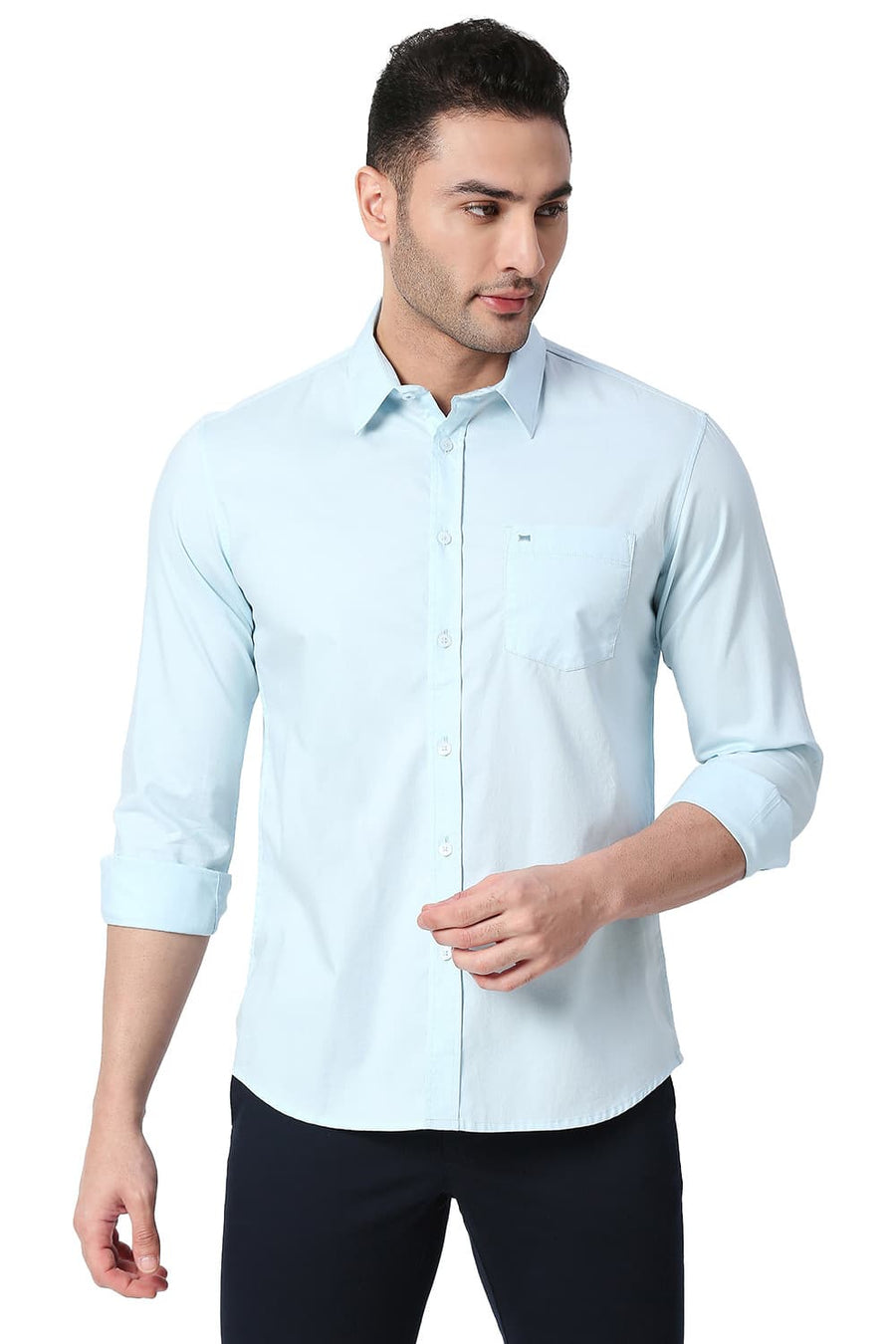 BASICS SLIM FIT CORYDALIS BLUE COTTON OXFORD SHIRT