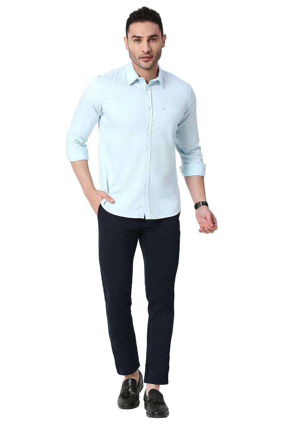 BASICS SLIM FIT CORYDALIS BLUE COTTON OXFORD SHIRT