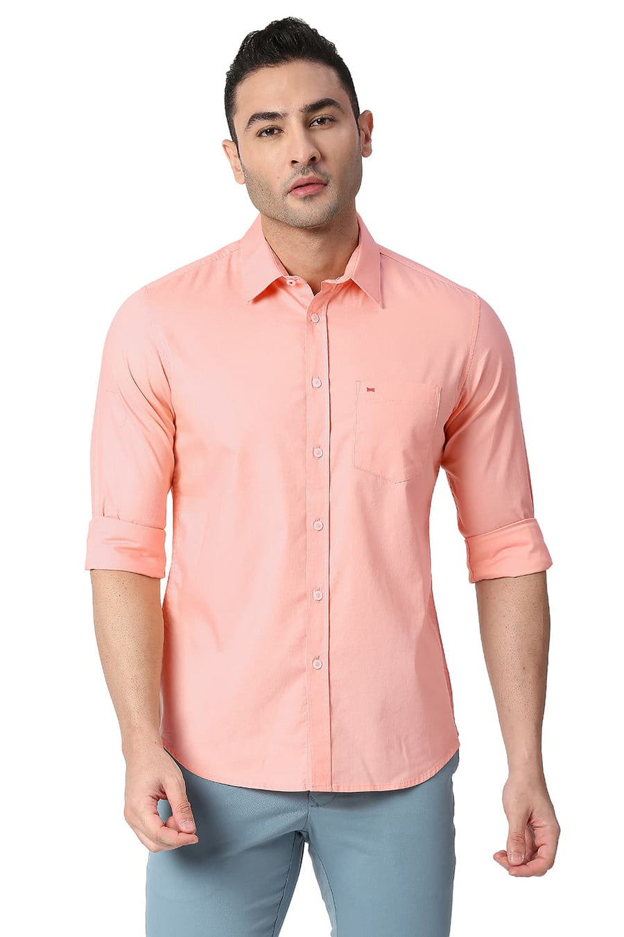 BASICS SLIM FIT PEACH ORANGE COTTON OXFORD SHIRT