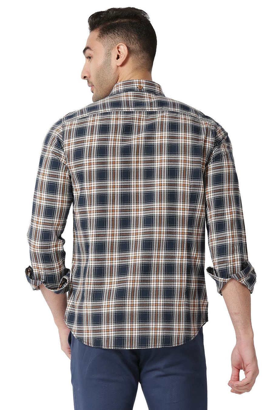 BASICS SLIM FIT MOONLIT NAVY COTTON TWILL CHECKS SHIRT