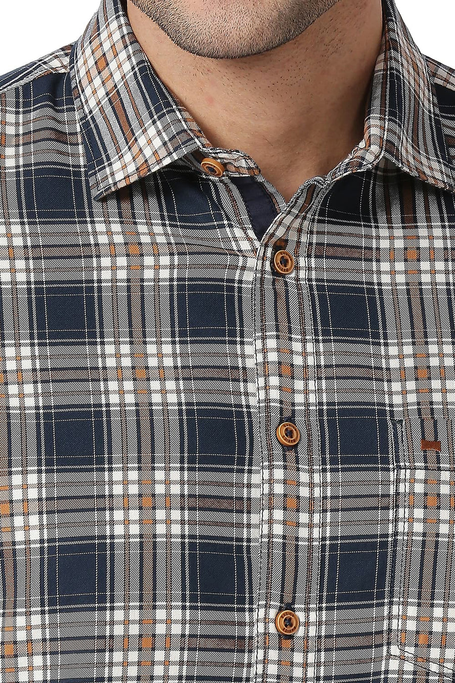 BASICS SLIM FIT MOONLIT NAVY COTTON TWILL CHECKS SHIRT