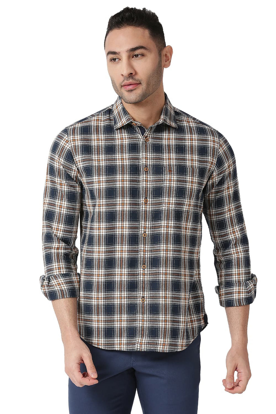 BASICS SLIM FIT MOONLIT NAVY COTTON TWILL CHECKS SHIRT