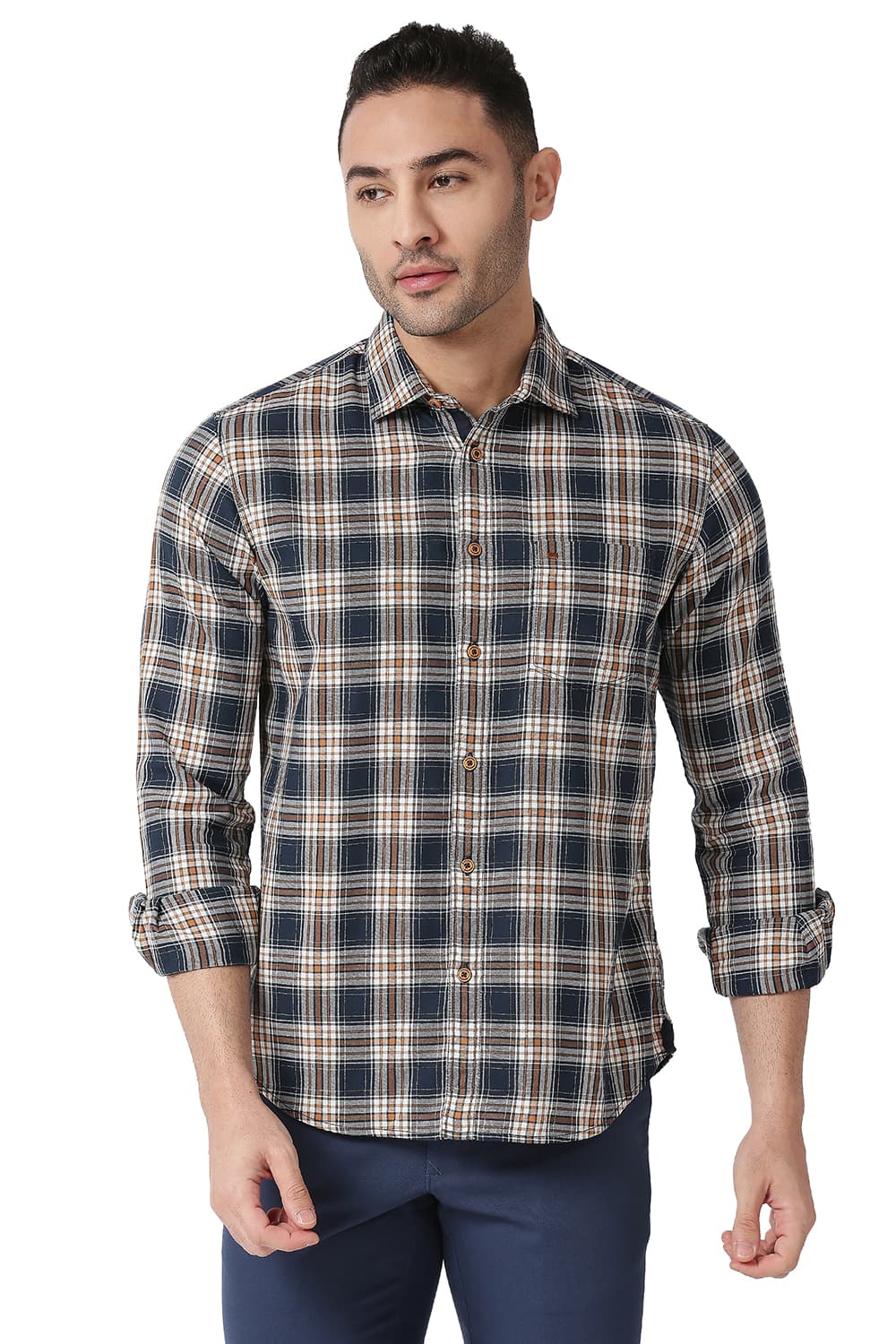 BASICS SLIM FIT COTTON TWILL CHECKS SHIRT