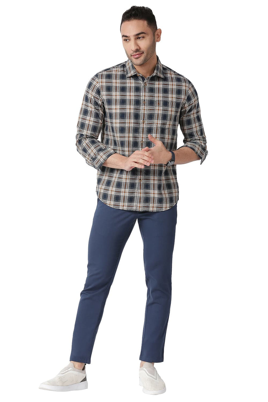 BASICS SLIM FIT MOONLIT NAVY COTTON TWILL CHECKS SHIRT