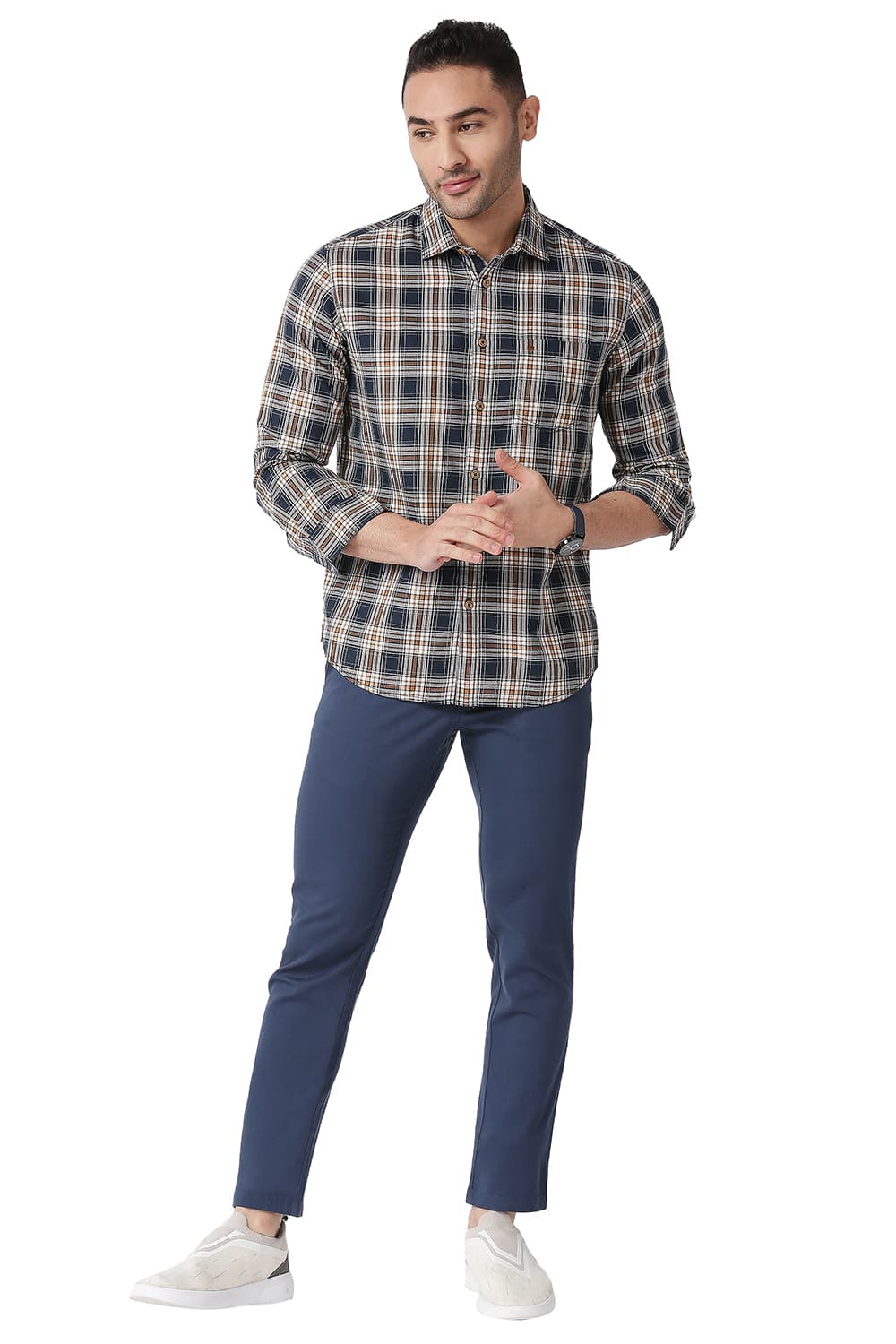 BASICS SLIM FIT COTTON TWILL CHECKS SHIRT