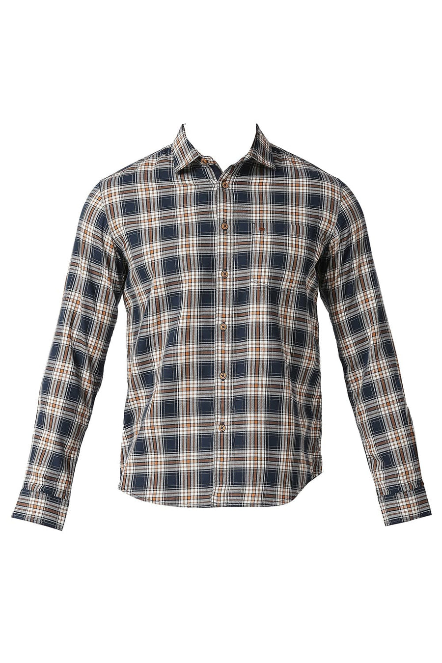BASICS SLIM FIT MOONLIT NAVY COTTON TWILL CHECKS SHIRT