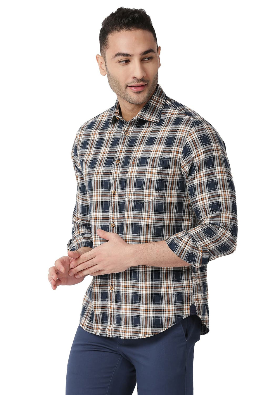 BASICS SLIM FIT MOONLIT NAVY COTTON TWILL CHECKS SHIRT