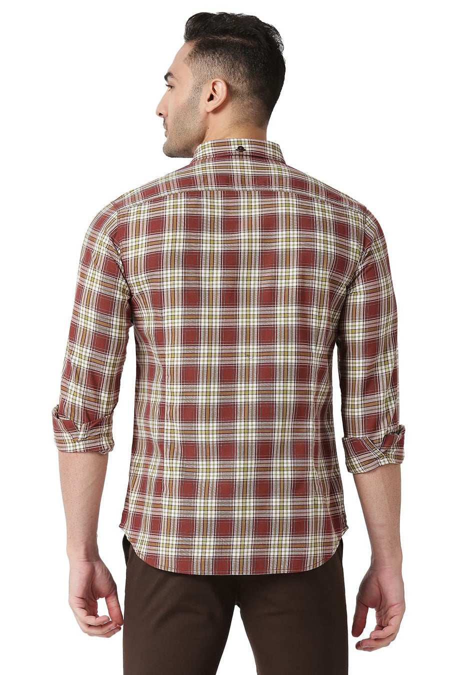BASICS SLIM FIT SABLE RED COTTON TWILL CHECKS SHIRT