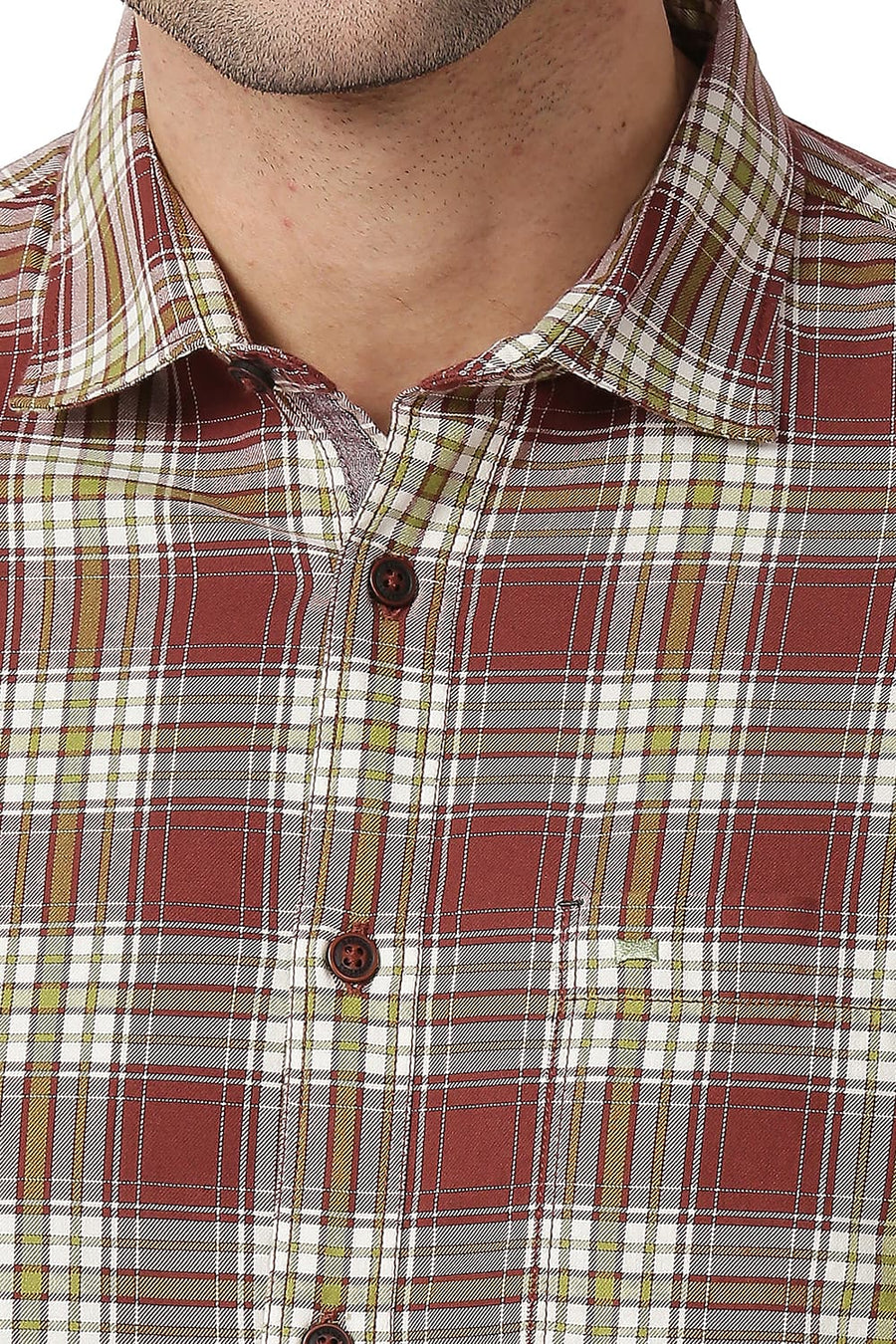 BASICS SLIM FIT SABLE RED COTTON TWILL CHECKS SHIRT