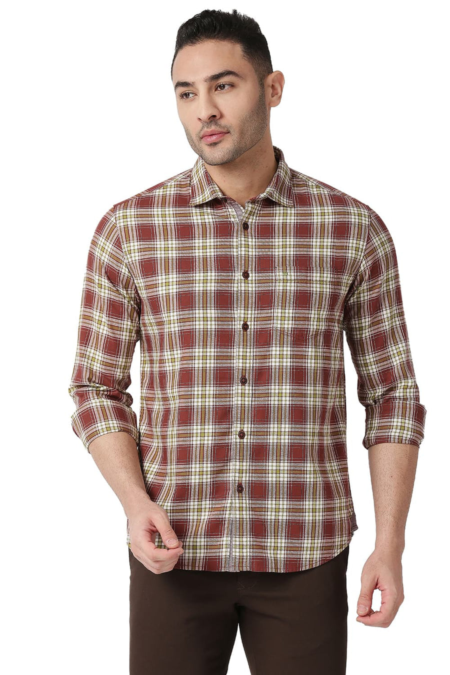 BASICS SLIM FIT SABLE RED COTTON TWILL CHECKS SHIRT