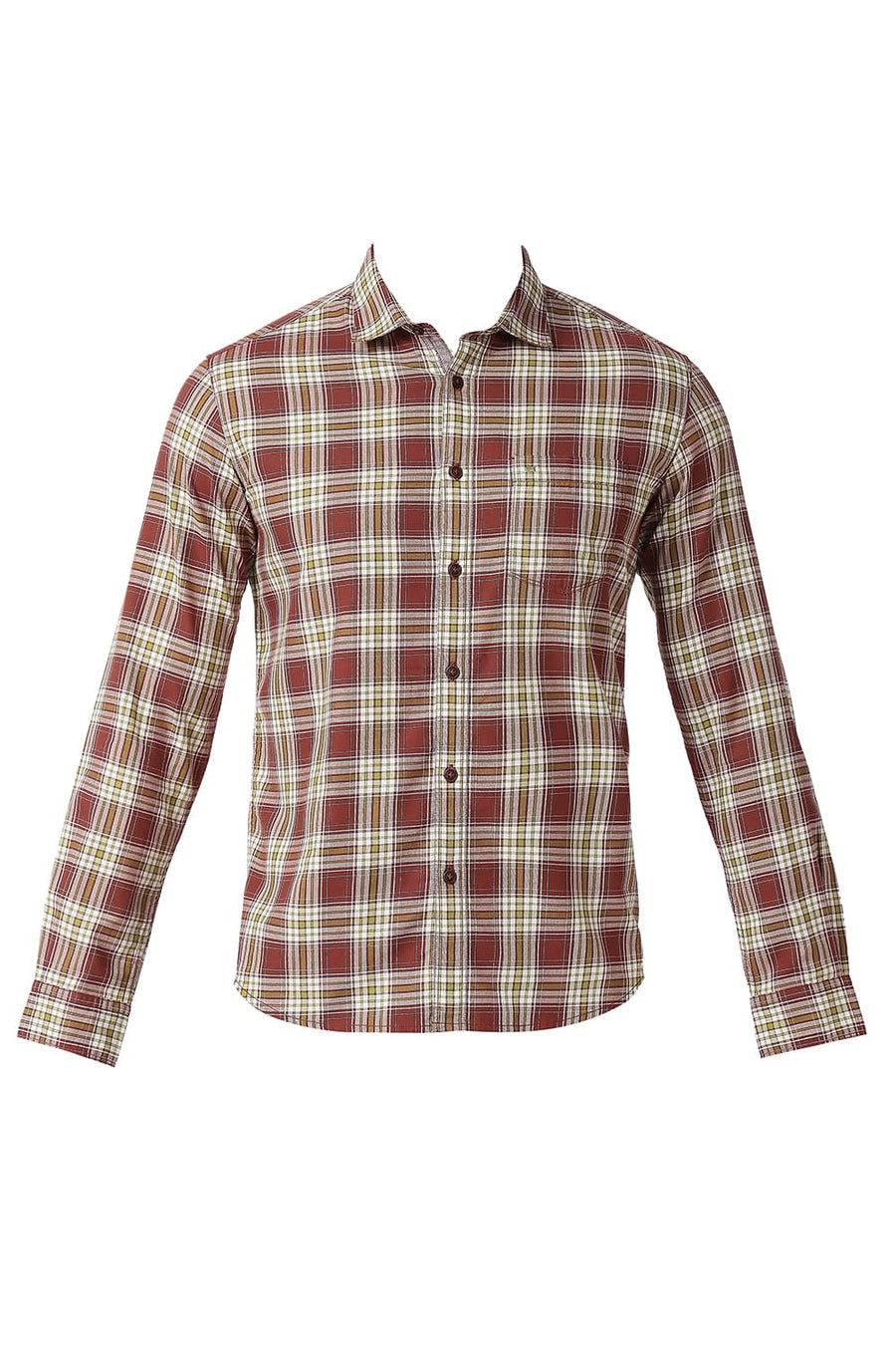 BASICS SLIM FIT SABLE RED COTTON TWILL CHECKS SHIRT