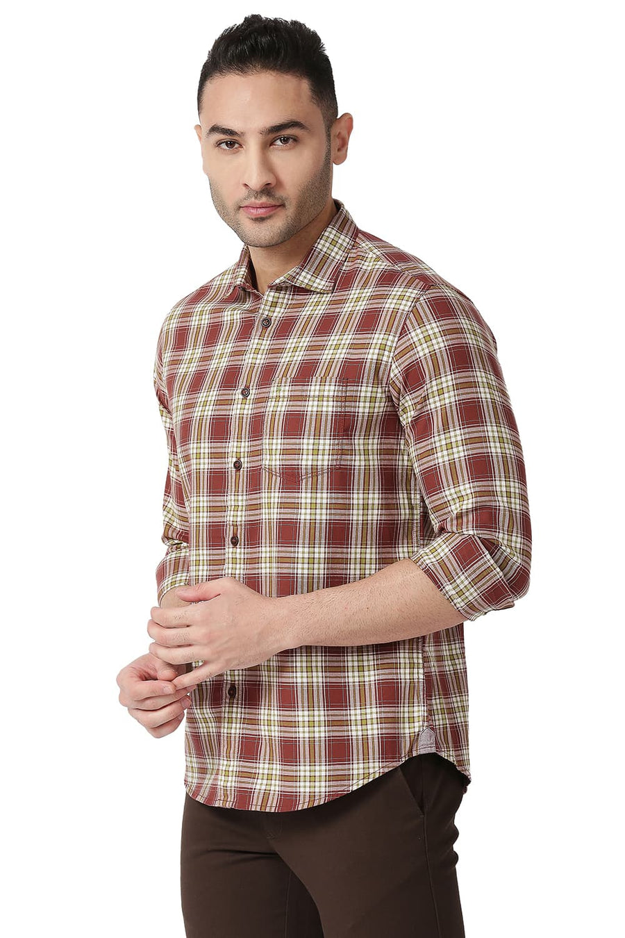 BASICS SLIM FIT SABLE RED COTTON TWILL CHECKS SHIRT