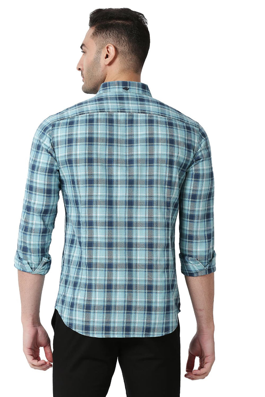 BASICS SLIM FIT AQUA HAZE BLUE COTTON TWILL CHECKS SHIRT