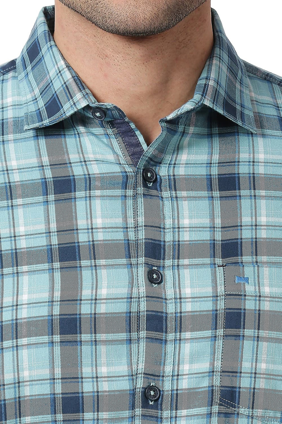 BASICS SLIM FIT AQUA HAZE BLUE COTTON TWILL CHECKS SHIRT