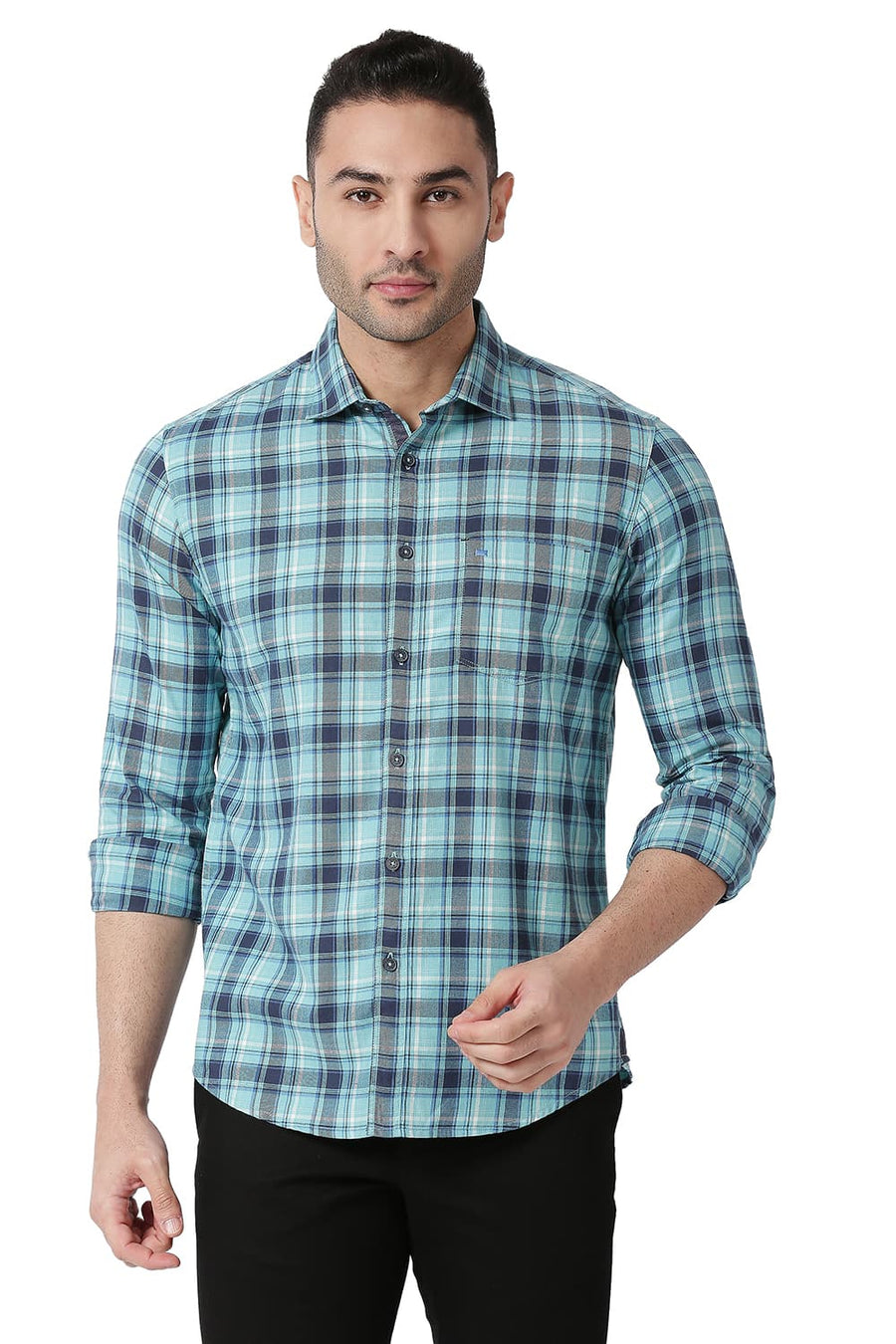 BASICS SLIM FIT AQUA HAZE BLUE COTTON TWILL CHECKS SHIRT