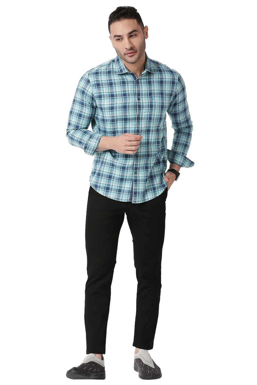 BASICS SLIM FIT AQUA HAZE BLUE COTTON TWILL CHECKS SHIRT